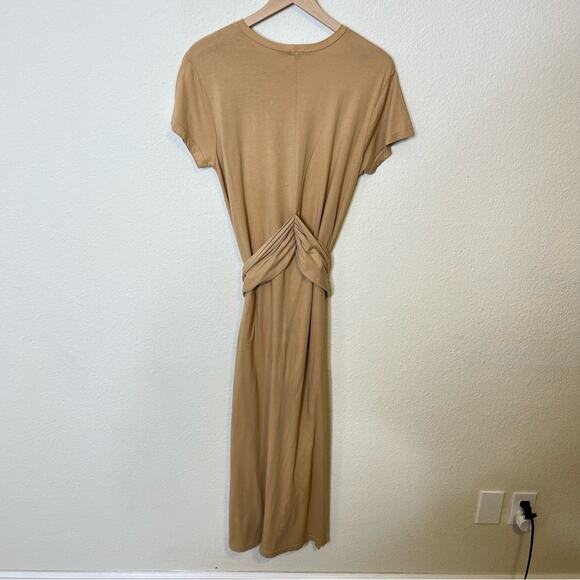 Monrow Pocket Tee Maxi Dress Tie Waist Camel Tan Shirt Dress High Slit Womens S - Picture 4 of 8